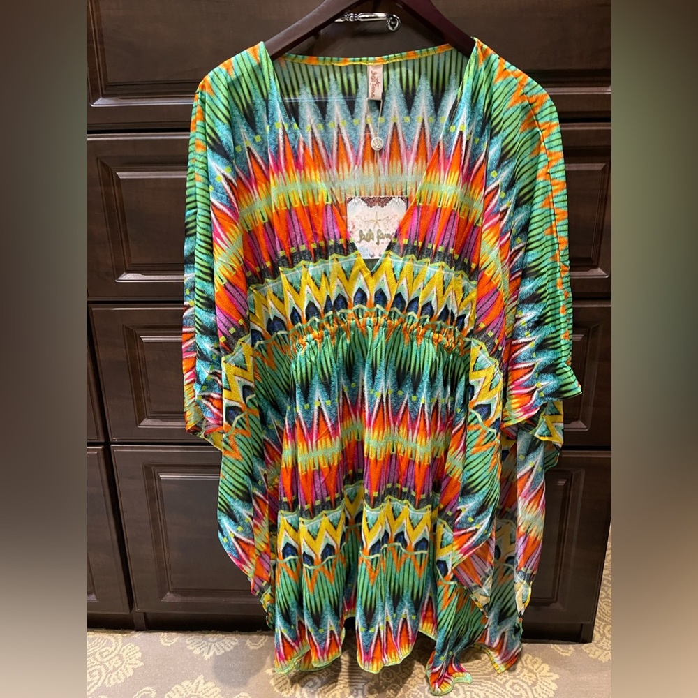 NWT $165 Luli Fama 'Tulum Party' Cover-Up Caftan Dress OS Multicolor Print